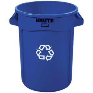 The Rubbermaid® Brute® 32 Gallon Recycling Container in blue displays a white recycling symbol with BRUTE above it and includes two side handles for convenient handling.