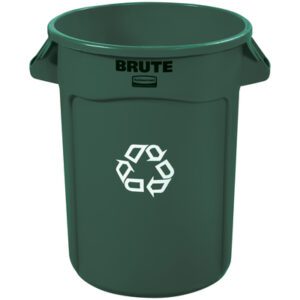 The Rubbermaid® Brute® Recycling Container, 32 Gallon, Green, features side handles, a white recycling symbol on the front, and BRUTE prominently printed above the symbol.