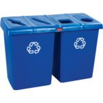 The 92-gallon Rubbermaid® Recycling Station includes a blue bin system with two compartments, distinct white recycling symbols, and varied openings on top for easy sorting, improving waste management efficiency.