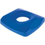 The Rubbermaid® Square Recycling Lid, designed for 23-gallon containers, is sleek and blue with a central circular opening, offering a modern touch.