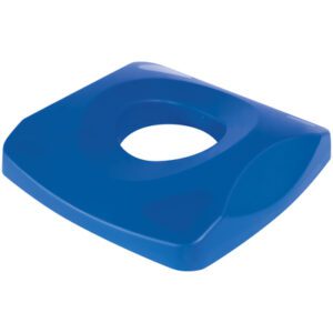 The Rubbermaid® Square Recycling Lid, designed for 23-gallon containers, is sleek and blue with a central circular opening, offering a modern touch.
