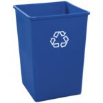 The Rubbermaid® Square Recycling Container - 35 Gallon, Blue, has a white recycling symbol on its front. Its rectangular design and smooth finish make it ideal for efficient waste management.