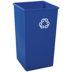 The Rubbermaid® Square Recycling Container - 50 Gallon, Blue, showcases a vibrant blue color with a bold white recycling symbol on the front.