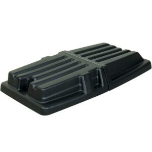 The black plastic pallet top cover, similar to the Rubbermaid® 1/2 Cubic Yard Domed Tilt Truck Lid (1/Case), has a ribbed surface for protecting and stabilizing items on a pallet. Its segmented design suits a range of industrial or commercial environments.