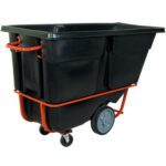 The Rubbermaid® 1 1/2 Cubic Yard Black Standard Grade Tilt Truck (1/Case) features a sturdy utility cart, ideal for material or waste transport. With two large rear wheels and a smaller front wheel, it offers smooth maneuverability.