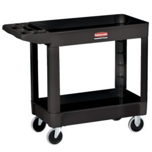 The Rubbermaid® Flat Handle Utility Cart - 45 x 26 x 33 (1/Case) features four swivel wheels and two shelves, a handle on one end, and small storage compartments, designed for efficient item transport.