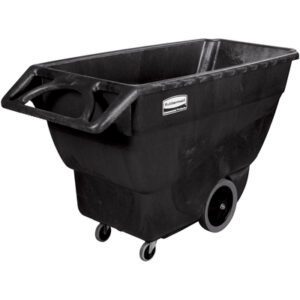 The Rubbermaid® 3/4 Cubic Yard Structural Foam Utility Tilt Truck is a large black cart with two big rear wheels, smaller front ones, a rectangular open top, and a sturdy handle, expertly designed for efficient heavy load transport.