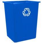A Blue Rubbermaid® Glutton® Recycling Container - 56 Gallon, with a white universal recycling symbol on the front, stands ready for use.