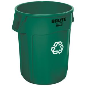 The green Rubbermaid Brute Recycling Container, 44-gallon capacity, features handles and a front recycling symbol. The BRUTE branding is displayed near the top, ideal for efficient waste management.