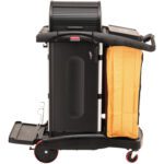 The Rubbermaid® High-Security Janitor Cart features a black cart with red wheels, secured cabinet, and yellow side bag. It includes an extendable platform, handle, and storage compartments to enhance performance in effective waste collection and cleaning tasks.