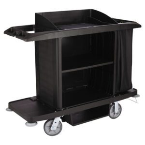 The Rubbermaid® Housekeeping Cart in sleek black, boasts four wheels, dual shelves, and a roomy covered compartment. Crafted from durable materials, its designed for easy mobility and efficient organization of cleaning supplies.