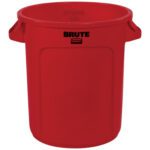 The Rubbermaid® Brute® Trash Can - 10 Gallon, Red features a sleek cylindrical design with side handles and BRUTE in bold black on the front, ensuring durability.