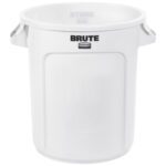 The Rubbermaid® Brute® Trash Can - 10 Gallon, White, features sturdy handles for efficient heavy-duty waste management. Its lid secures contents with BRUTE boldly printed in black near the top, ensuring reliability in any setting.