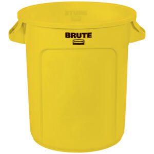 The Rubbermaid® Brute® Trash Can - 10 Gallon, Yellow is a bright yellow can with BRUTE in black at the top and includes side handles for easy lifting.