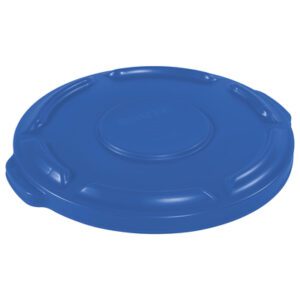The Rubbermaid® Brute® Flat Trash Can Lid - 10 Gallon, Blue is a round, blue plastic lid with a textured surface, four spaced ridges on the edge, and a small side handle for easy lifting.