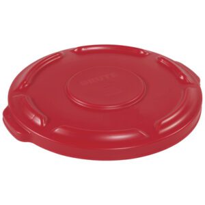The Rubbermaid® Brute® Flat Trash Can Lid, designed for a 10-gallon bin, is a circular red plastic cover with a raised grip design and small handle. Its glossy finish enhances the embossed brand text on top, offering both style and functionality.