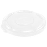 The Rubbermaid® Brute® Flat Trash Can Lid - 10 Gallon, White, is a round, translucent plastic lid featuring a raised center, indented edge grips, and an easy-to-use tab for handling.