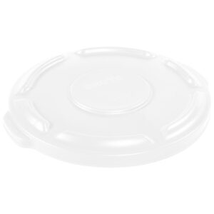 The Rubbermaid® Brute® Flat Trash Can Lid - 10 Gallon, White, is a round, translucent plastic lid featuring a raised center, indented edge grips, and an easy-to-use tab for handling.