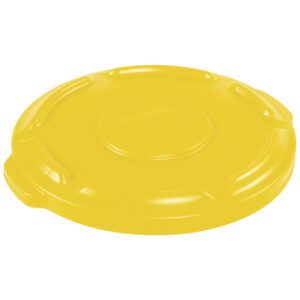 The Rubbermaid Brute Flat Trash Can Lid, designed for a 10-gallon container, is yellow and round with grooved edges for a secure fit. Ideal for waste management needs.