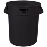 The 20-gallon Rubbermaid® Brute® Trash Can, black and cylindrical, features Brute on its surface and comes with a lid and two side handles for enhanced durability and functionality.