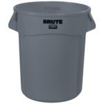 The Rubbermaid® Brute® Trash Can - 20 Gallon, Gray, is a robust cylindrical plastic bin with BRUTE in bold black letters near the top, ribbed construction, two sturdy side handles, and the brand logo below.