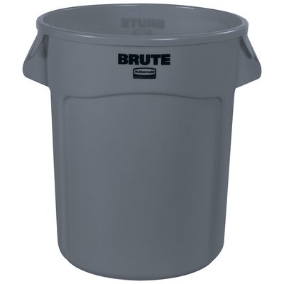 RUB320CGR.jpg The Rubbermaid® Brute® Trash Can - 20 Gallon, Gray, is a robust cylindrical plastic bin with BRUTE in bold black letters near the top, ribbed construction, two sturdy side handles, and the brand logo below.
