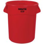 The Rubbermaid® Brute® Trash Can - 20 Gallon, Red, has a cylindrical design with two sturdy side handles. It features BRUTE in bold black near the top and the prominent Rubbermaid logo below.