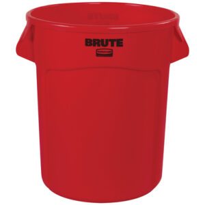The Rubbermaid® Brute® Trash Can - 20 Gallon, Red, has a cylindrical design with two sturdy side handles. It features BRUTE in bold black near the top and the prominent Rubbermaid logo below.