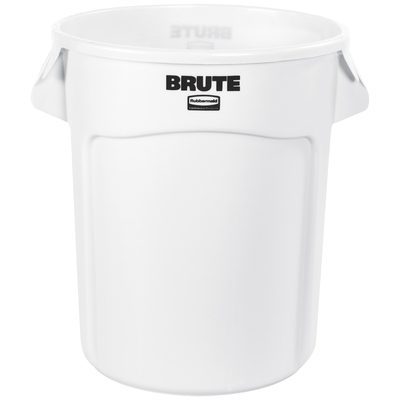 RUB320CW.jpg The Rubbermaid® Brute® Trash Can - 20 Gallon, White, is a cylindrical bin with two sturdy side handles and BRUTE printed in bold black near the top.