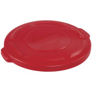 The Rubbermaid® Brute® Flat Trash Can Lid is red and fits a 20-gallon round can. It has two raised handles, a textured surface with a circular pattern, and BRUTE embossed at the center.
