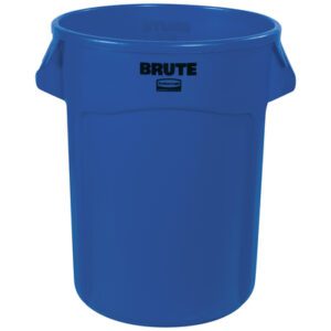The Rubbermaid® Brute® 32 Gallon Trash Can is a large, round blue can with two side handles and an open top. BRUTE is printed in black on the front, emphasizing its durability.