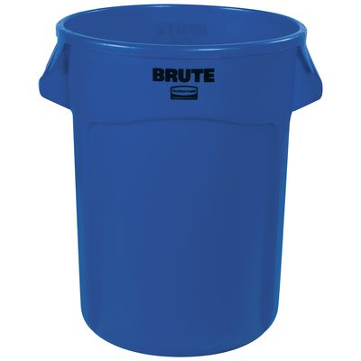 RUB332CBLU.jpg The Rubbermaid® Brute® 32 Gallon Trash Can is a large, round blue can with two side handles and an open top. BRUTE is printed in black on the front, emphasizing its durability.