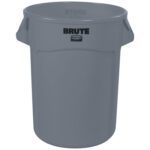 The Rubbermaid® Brute® Trash Can - 32 Gallon, Gray, features a round plastic design with BRUTE in black on the front and two side handles for easy handling.