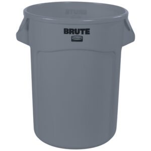 The Rubbermaid® Brute® Trash Can - 32 Gallon, Gray, features a round plastic design with BRUTE in black on the front and two side handles for easy handling.