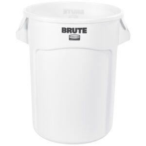 The Rubbermaid® Brute® Trash Can is a 32-gallon white plastic container with side handles, known for its sturdy round shape and durable construction.