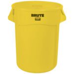 The Rubbermaid Brute Trash Can - 32 Gallon, Yellow, is a sturdy cylindrical bin featuring side handles for easy handling. The word BRUTE in black complements its durable design and the flat lid offers everyday convenience.