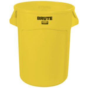 The Rubbermaid Brute Trash Can - 32 Gallon, Yellow, is a sturdy cylindrical bin featuring side handles for easy handling. The word BRUTE in black complements its durable design and the flat lid offers everyday convenience.