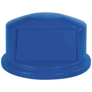 The Rubbermaid® Brute® Domed Trash Can Lid - 32 Gallon, Blue, features a central swing door for easy waste disposal and has a rounded top with a flat base for secure attachment.