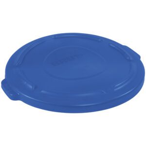 The Rubbermaid® Brute® Flat Trash Can Lid is blue, circular, and features ridged edges for durability, a side handle, and the embossed word BRUTE at the center.