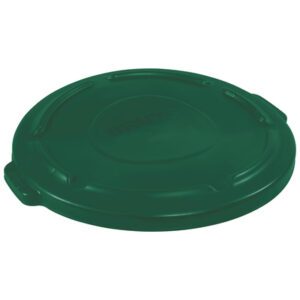 The Rubbermaid® Brute® Flat Trash Can Lid - 32 Gallon, Green, is a round plastic lid featuring a circular raised pattern and two molded handles for easy lifting.