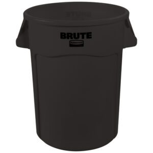 The Rubbermaid® Brute® Trash Can - 44 Gallon, Black boasts a round plastic build with two side handles for easy transport and BRUTE in bold on the front.