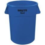 The Rubbermaid® Brute® Trash Can, 44 Gallon in Blue, offers a sturdy waste management solution with its slightly tapered design and dual side handles.