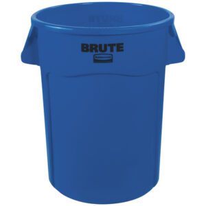 The Rubbermaid® Brute® Trash Can, 44 Gallon in Blue, offers a sturdy waste management solution with its slightly tapered design and dual side handles.