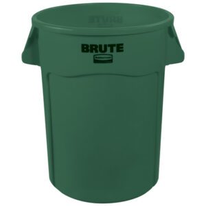 The Rubbermaid® Brute® Trash Can, 44-gallon and green, features round plastic construction with black Brute branding and side handles for easy lifting.