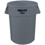 A Rubbermaid® Brute® Trash Can - 44 Gallon, Gray features two molded handles and a sturdy cylindrical design against a white background.