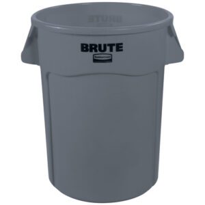 A Rubbermaid® Brute® Trash Can - 44 Gallon, Gray features two molded handles and a sturdy cylindrical design against a white background.