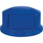 The Rubbermaid® Brute® Domed Trash Can Lid - 44 Gallon, Blue includes a center swinging flap for easy access and secure waste containment.