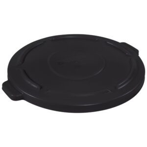 The Rubbermaid® Brute® Flat Trash Can Lid - 44 Gallon in black has textured handles on opposite sides and subtle raised patterns for superior grip, fitting large containers with a sleek, functional design.