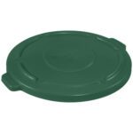 The Rubbermaid® Brute® Flat Trash Can Lid - 44 Gallon, Green, features a round, smooth plastic design with two handles. Subtle molding and a slightly raised center ensure it securely covers containers.