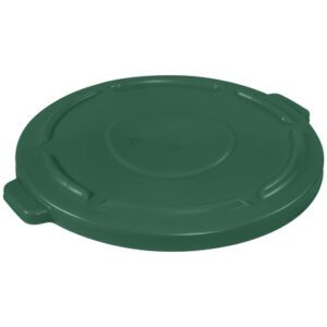 The Rubbermaid® Brute® Flat Trash Can Lid - 44 Gallon, Green, features a round, smooth plastic design with two handles. Subtle molding and a slightly raised center ensure it securely covers containers.